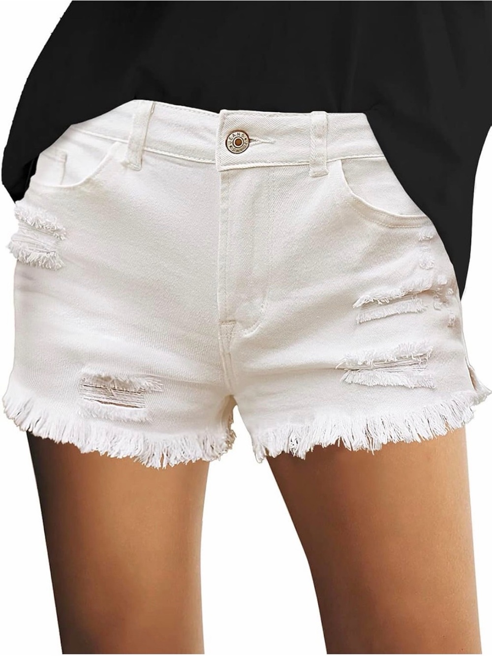 LUVAMIA Shorts White Distressed Frayed Hem Stretch Denim Women’s Large NWOT